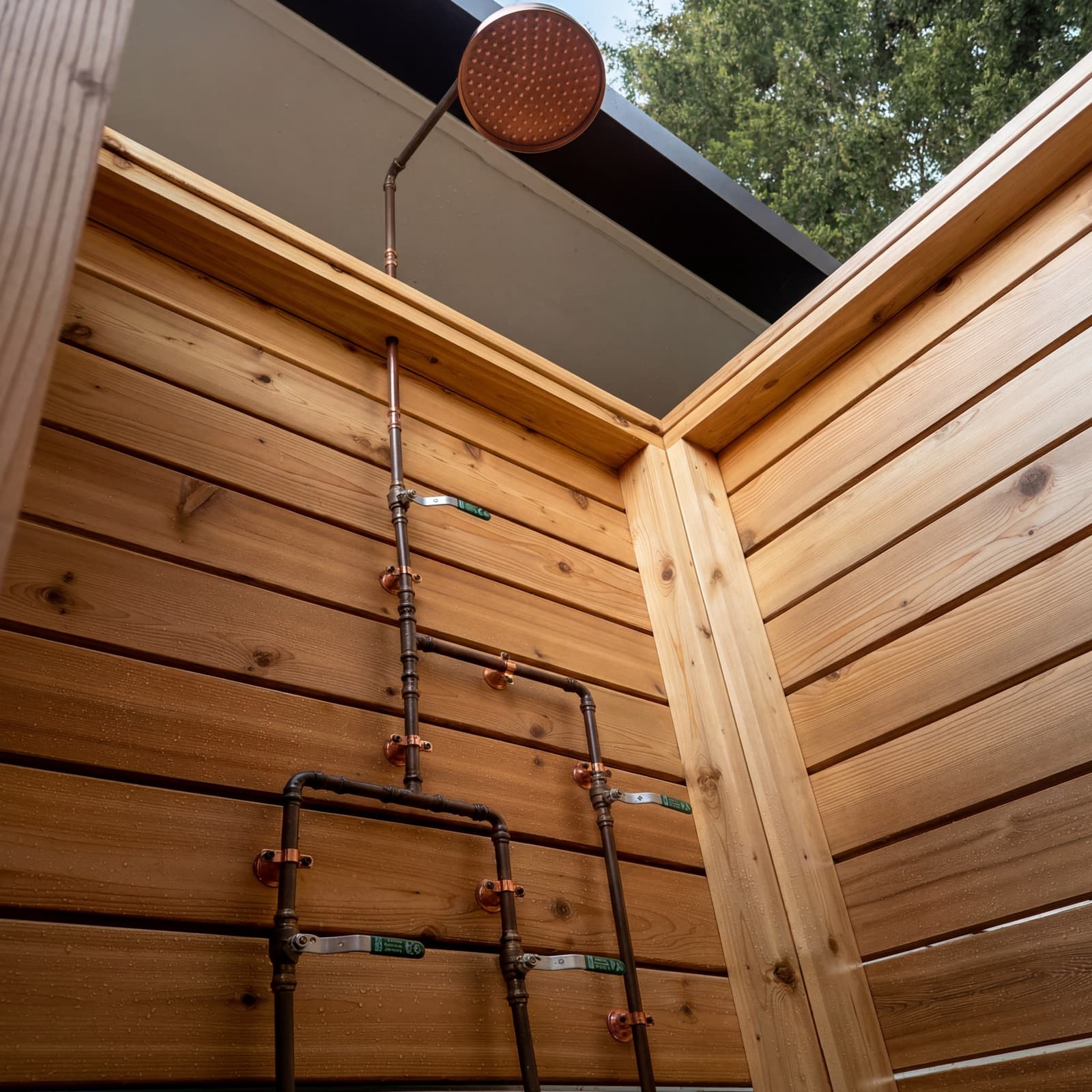 Looking up at the cedar ceiling and wall — copper rain head and exposed copper riser, manifold, and valves run across the boards