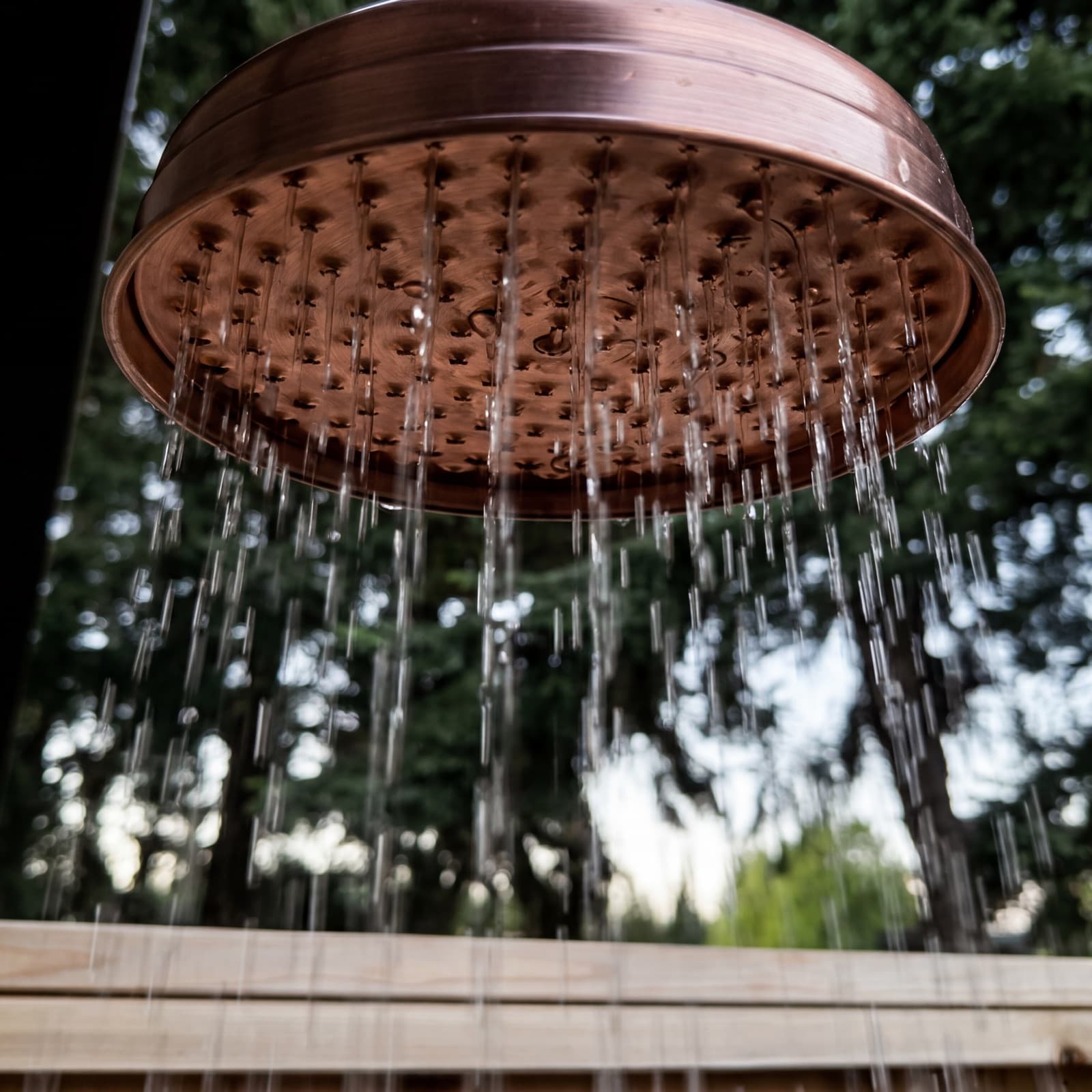 Oversized round copper rain head running, water falling in fine streams against an evergreen treeline